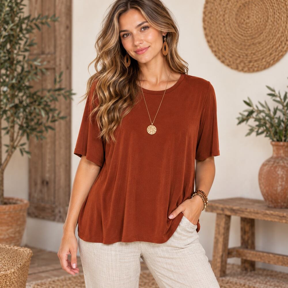 Susan Graver Liquid Knit Blouse Women's Size L Rust Brown Minimalist Casual